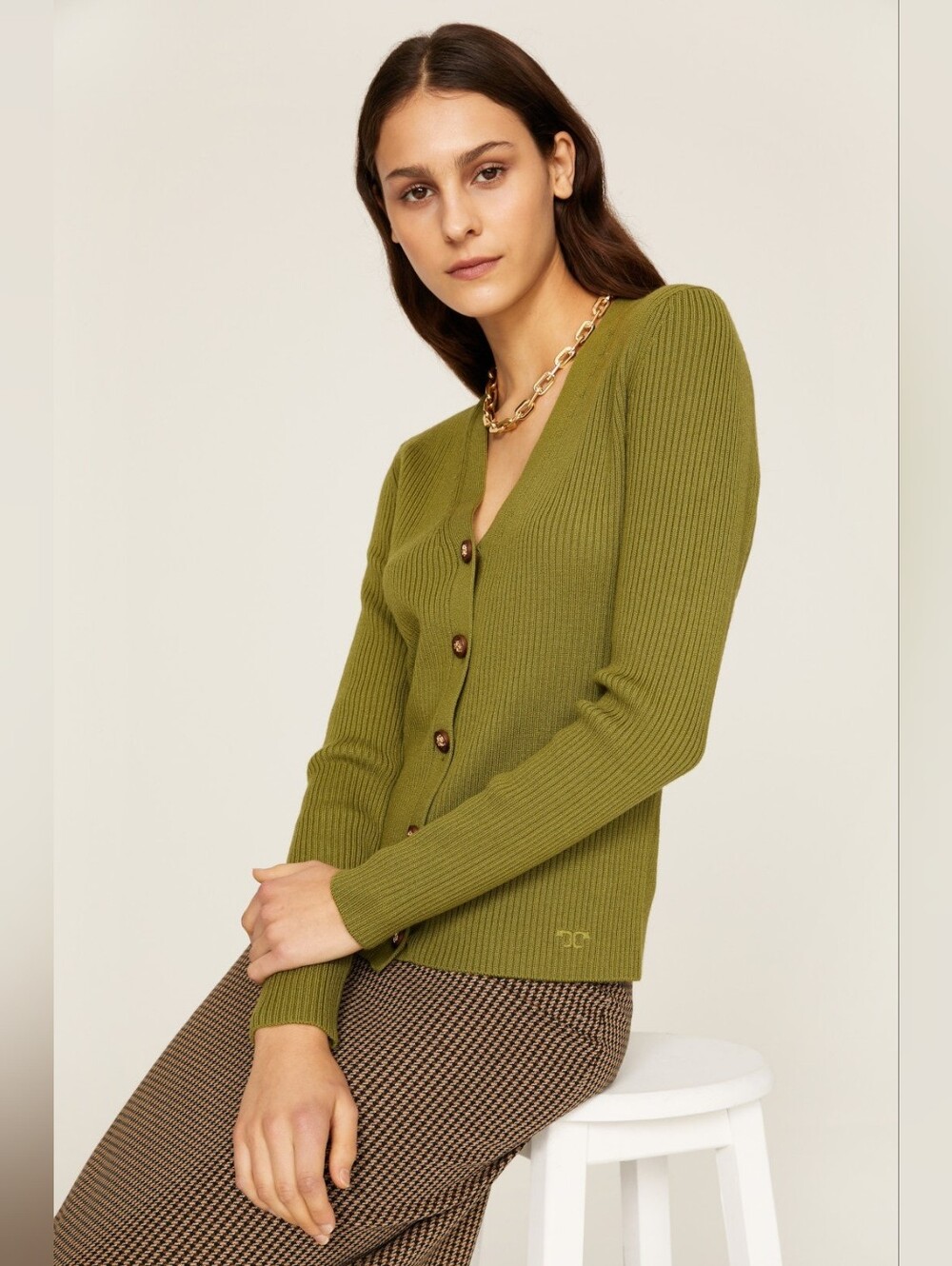 Tory Burch Merino Wool Olive Green Ribbed V-Neck Cardigan Size S